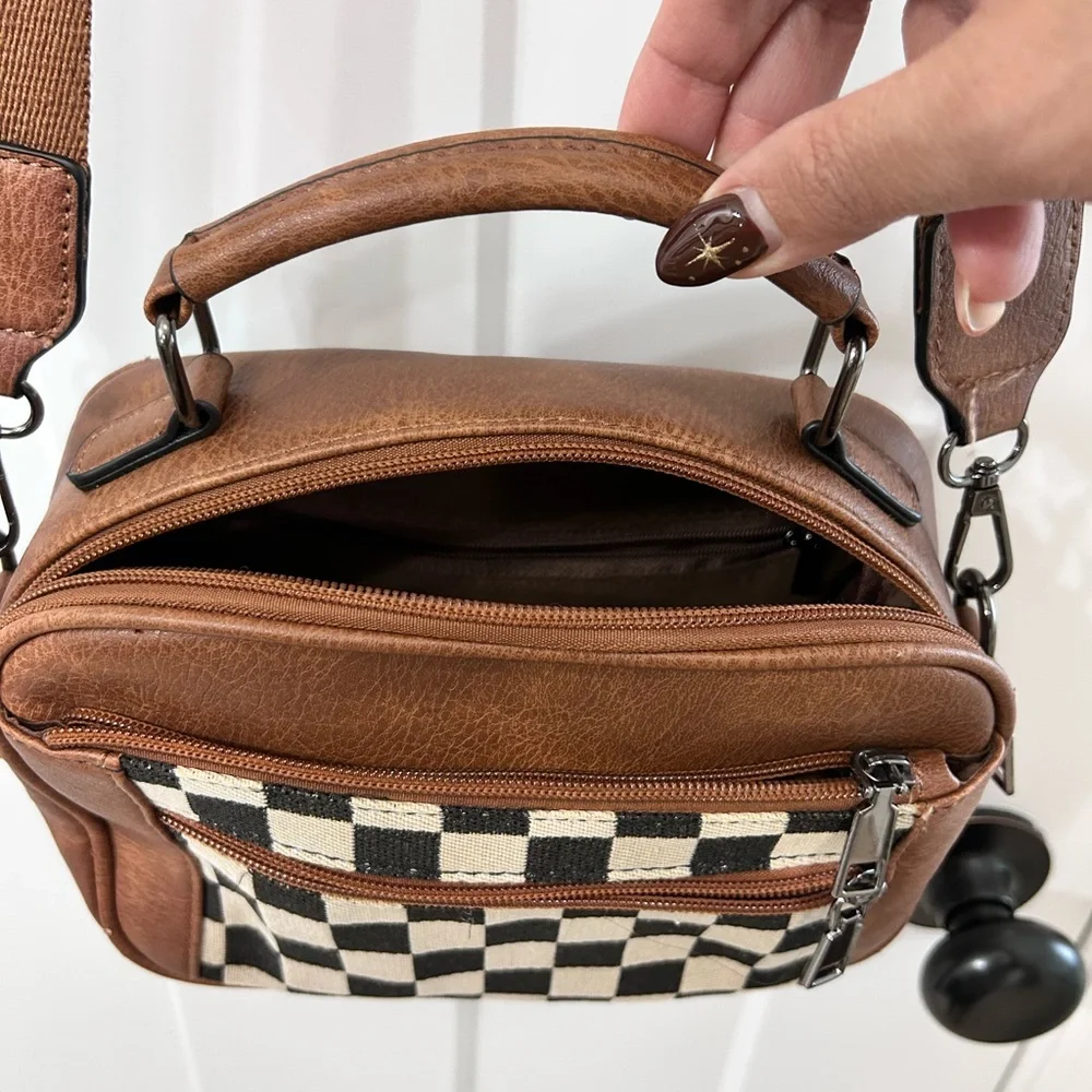 Brown Checkered Women's Crossbody Bag - Picture 2 of 10